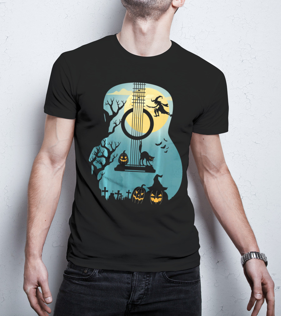 Halloween Guitar Witch Cat Pumpkins And Bat Scene T-Shirt