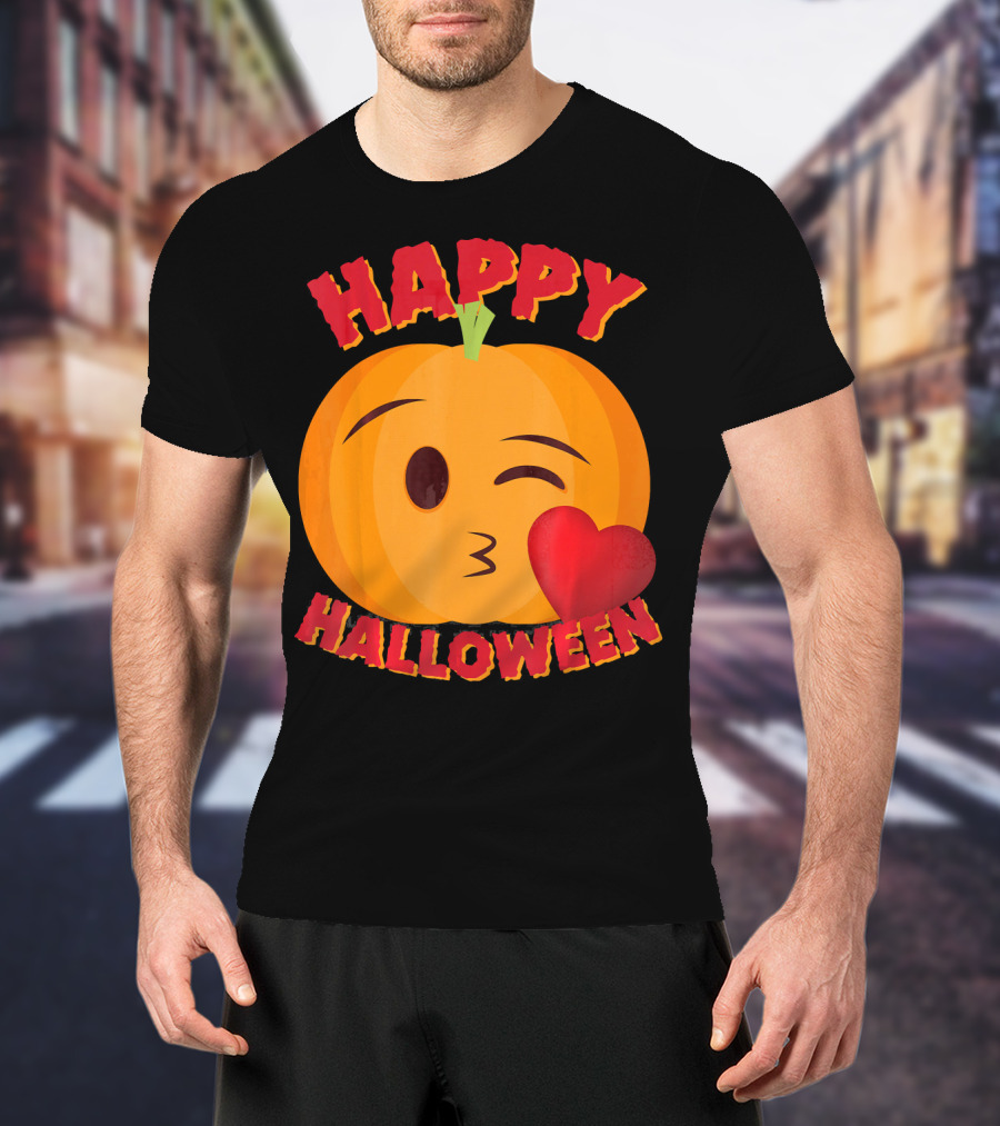 Happy Halloween Blowing Kiss Emoji Pumpkin T-Shirt