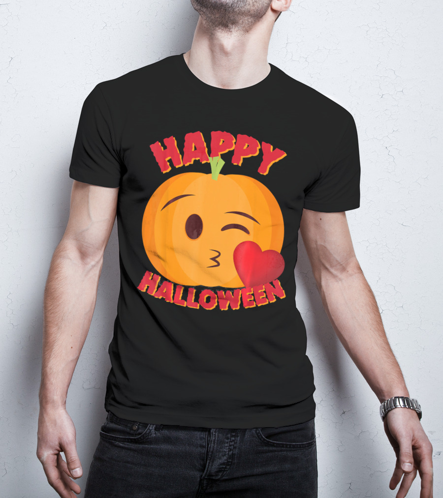Happy Halloween Blowing Kiss Emoji Pumpkin T-Shirt