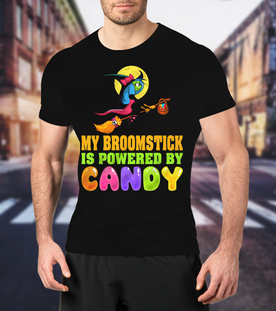 My Broomstick Is Powered By Candy With Witch And Moon Scene T-Shirt
