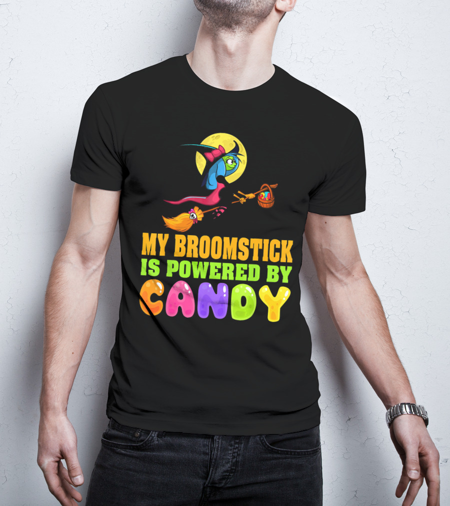 My Broomstick Is Powered By Candy With Witch And Moon Scene T-Shirt
