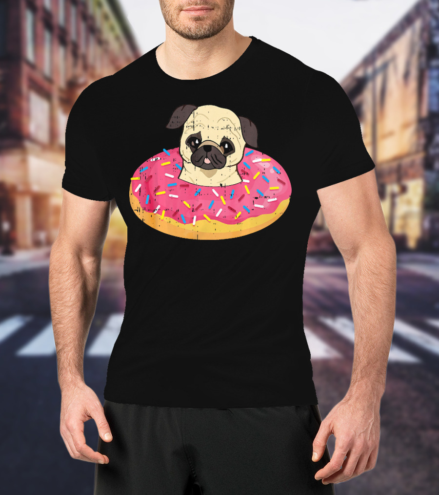 Pug Dog In Colorful Sprinkle Doughnut Floatie Pet Donut Cute T-Shirt