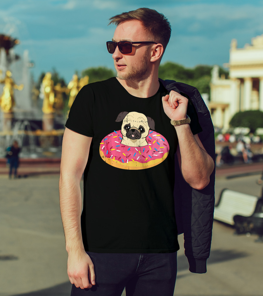 Pug Dog In Colorful Sprinkle Doughnut Floatie Pet Donut Cute T-Shirt