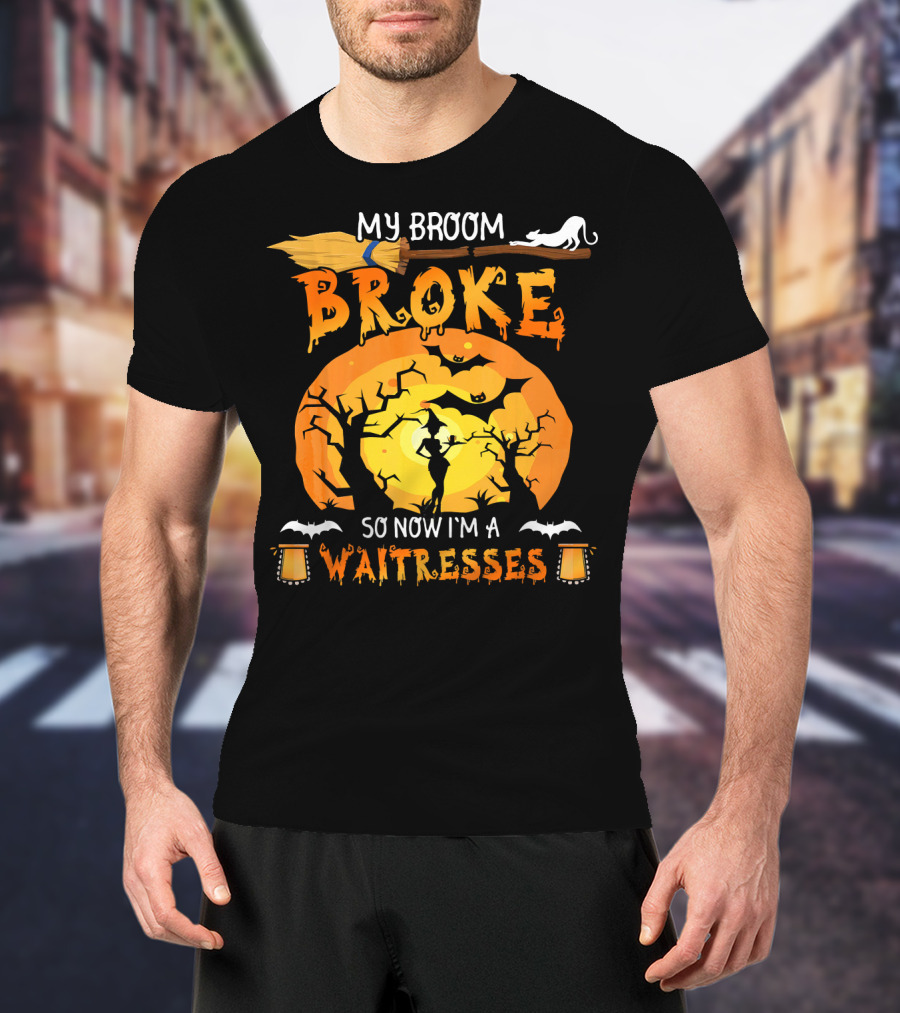 My Broom Broke So Now I'm A Waitresses Halloween Witch Moon Cat Lanterns T-Shirt