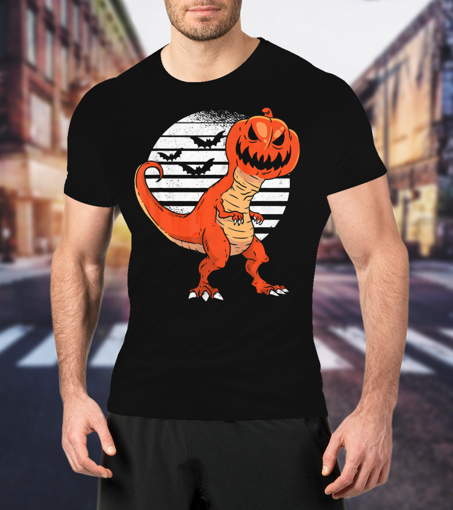 Funny Dinosaur Pumpkin Head Halloween With Bats T-Shirt