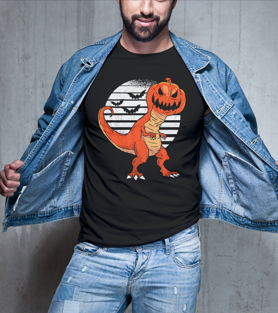 Funny Dinosaur Pumpkin Head Halloween With Bats T-Shirt