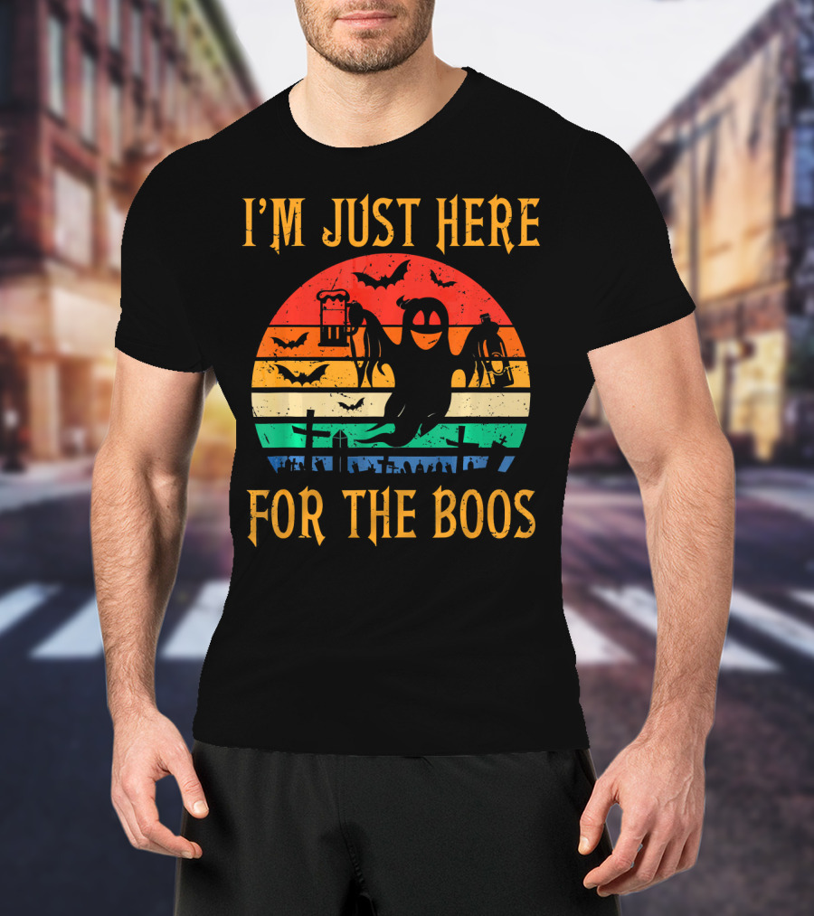 I'm Just Here For The Boos Halloween Ghost And Bats Retro Sunset T-Shirt