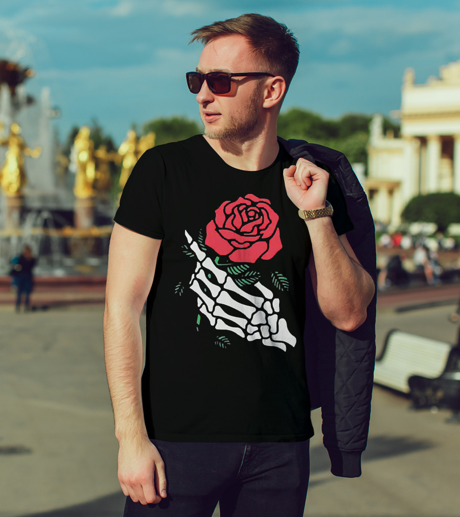 Rose White Skeleton Hand Holding Red Rose T-Shirt