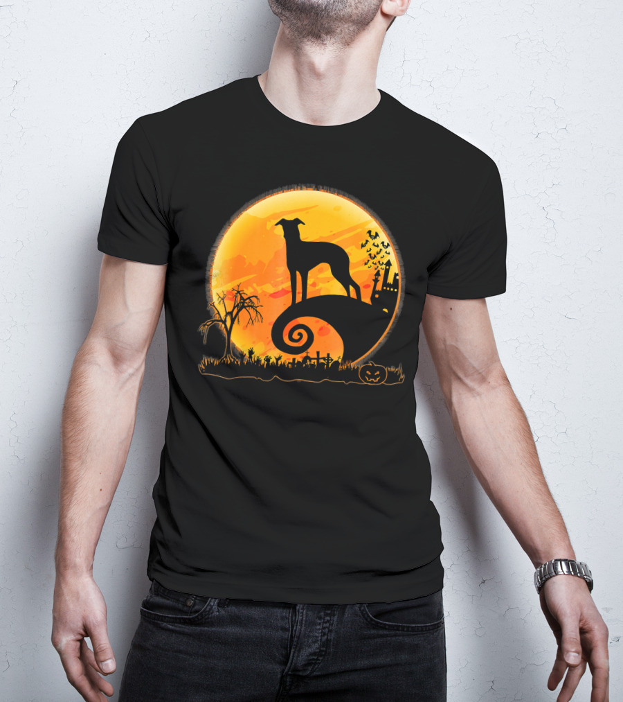 Italian Greyhound Dog Silhouette On Halloween Moon Night T-Shirt
