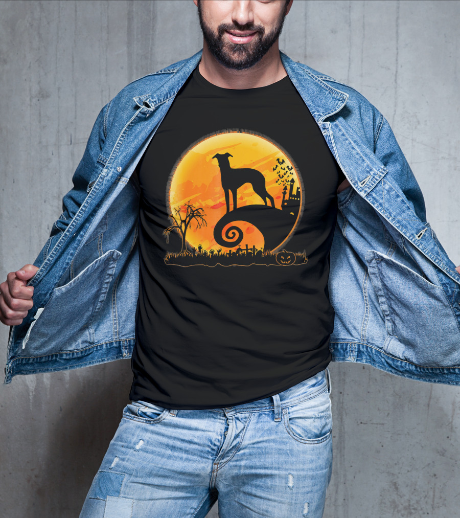 Italian Greyhound Dog Silhouette On Halloween Moon Night T-Shirt
