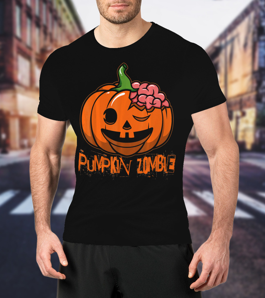 Pumpkin Zombie Halloween Horror Winking Jack O'Lantern With Brain T-Shirt