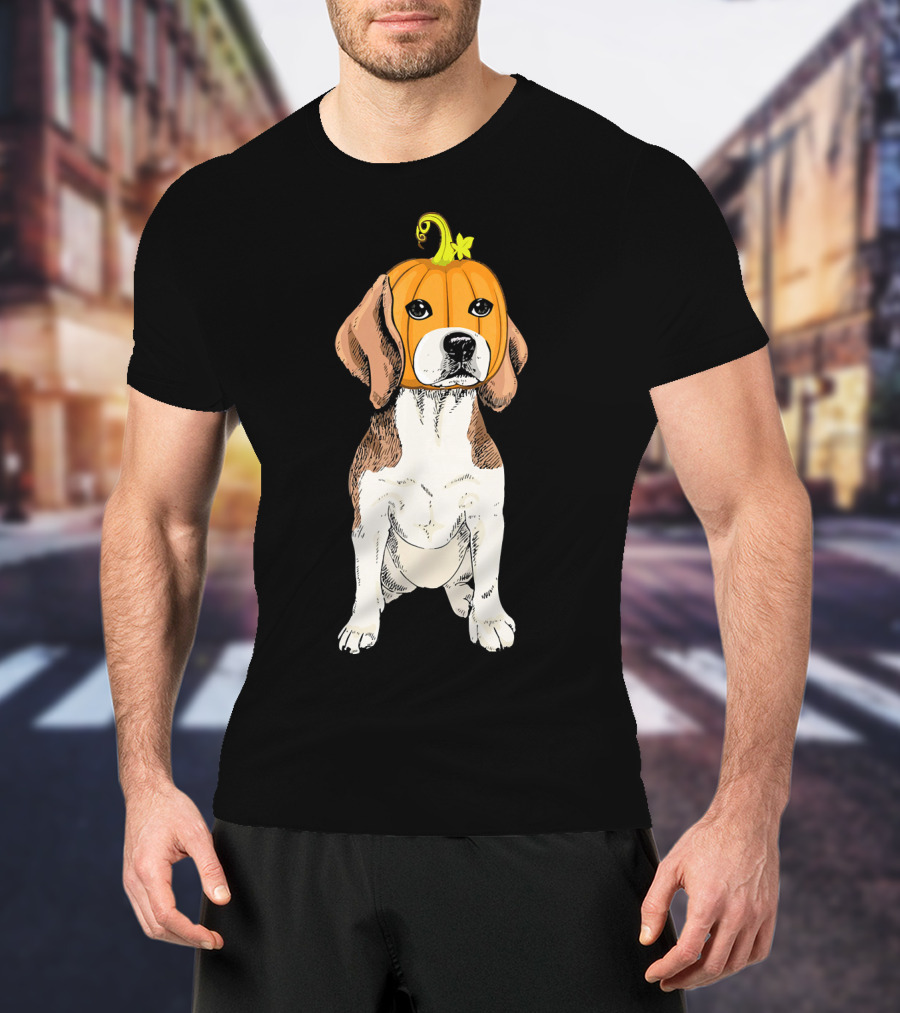 Beagle Wearing Pumpkin Face Funny Halloween Costume T-Shirt