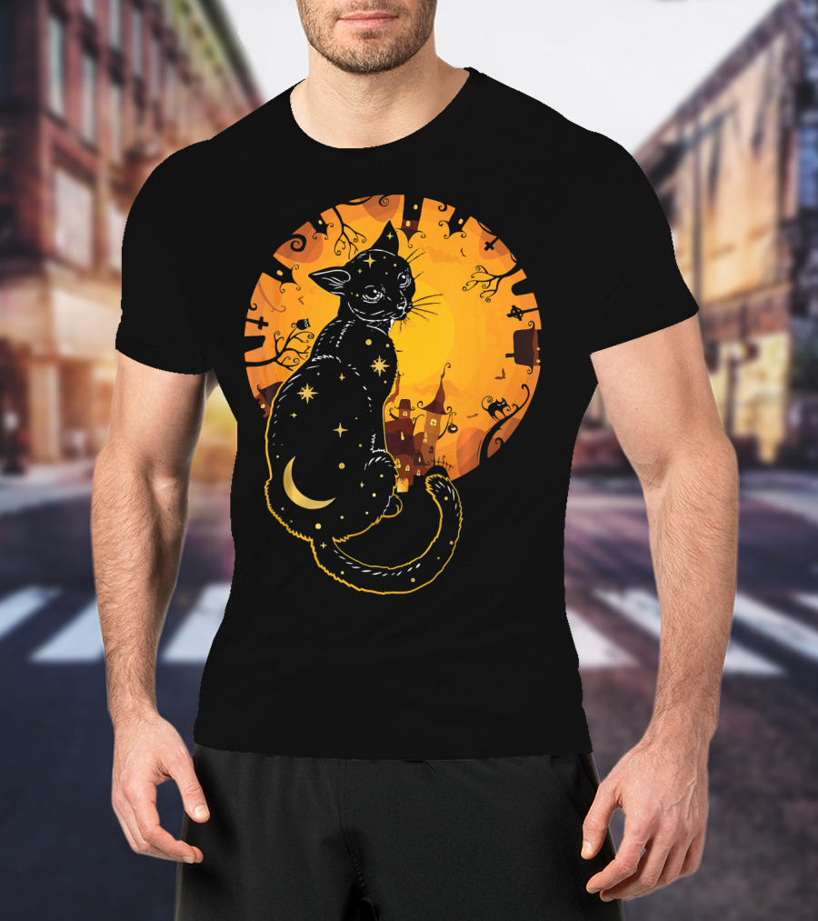 Halloween Black Cat With Stars And Moon In Haunted Landscape T-Shirt
