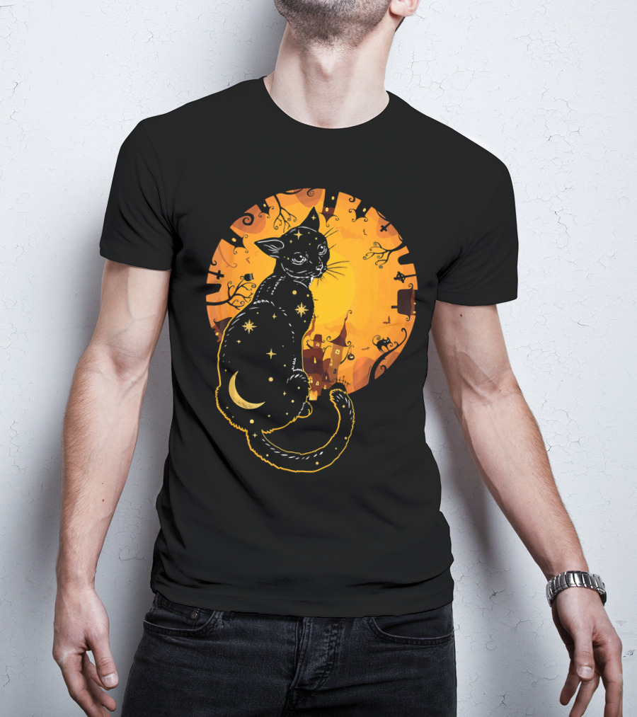 Halloween Black Cat With Stars And Moon In Haunted Landscape T-Shirt