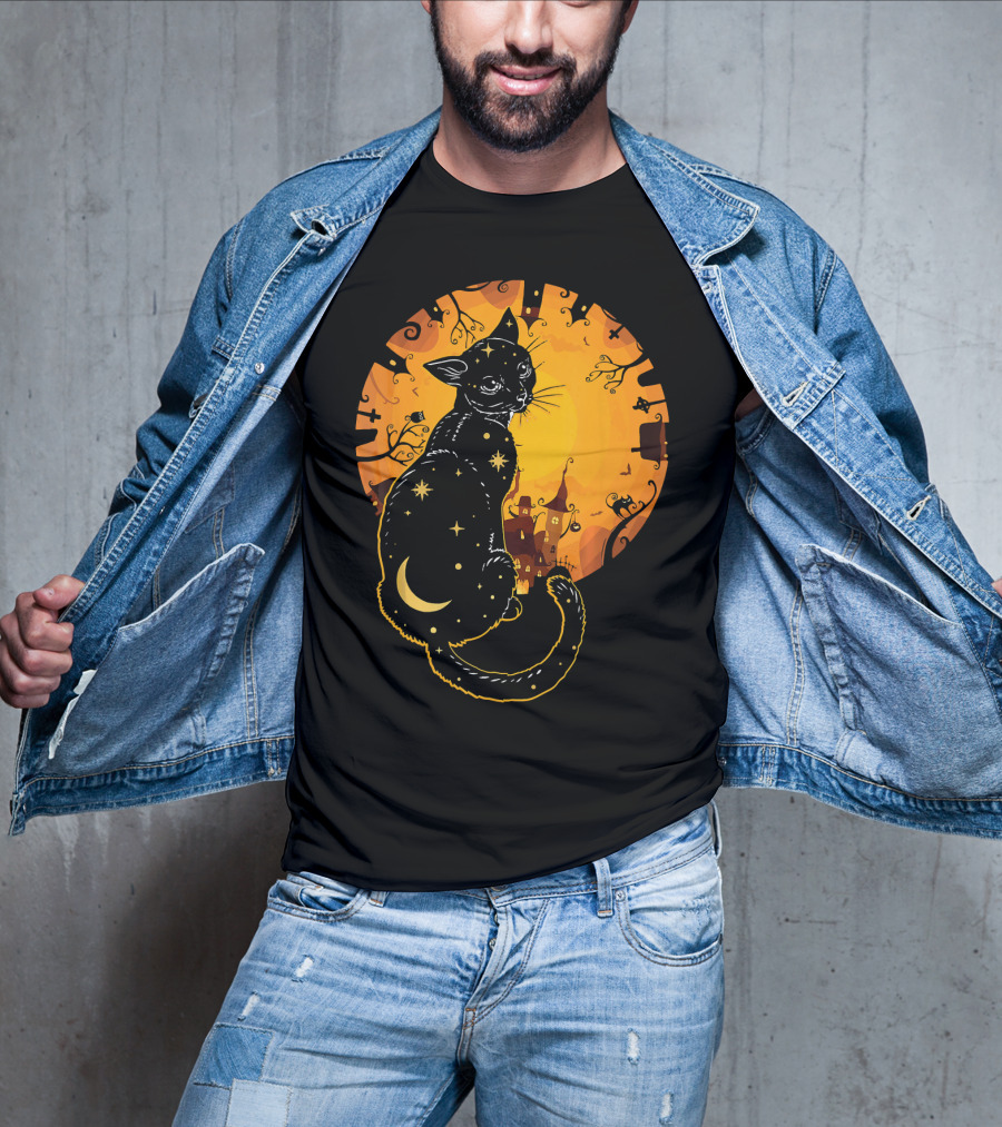 Halloween Black Cat With Stars And Moon In Haunted Landscape T-Shirt