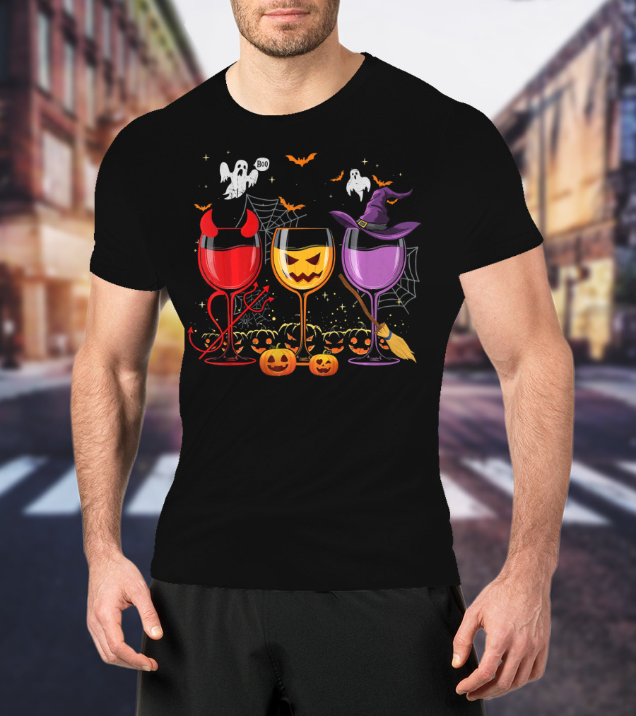 Three Glasses Of Wine Halloween Ghosts Pumpkins Bats Witches Devil T-Shirt