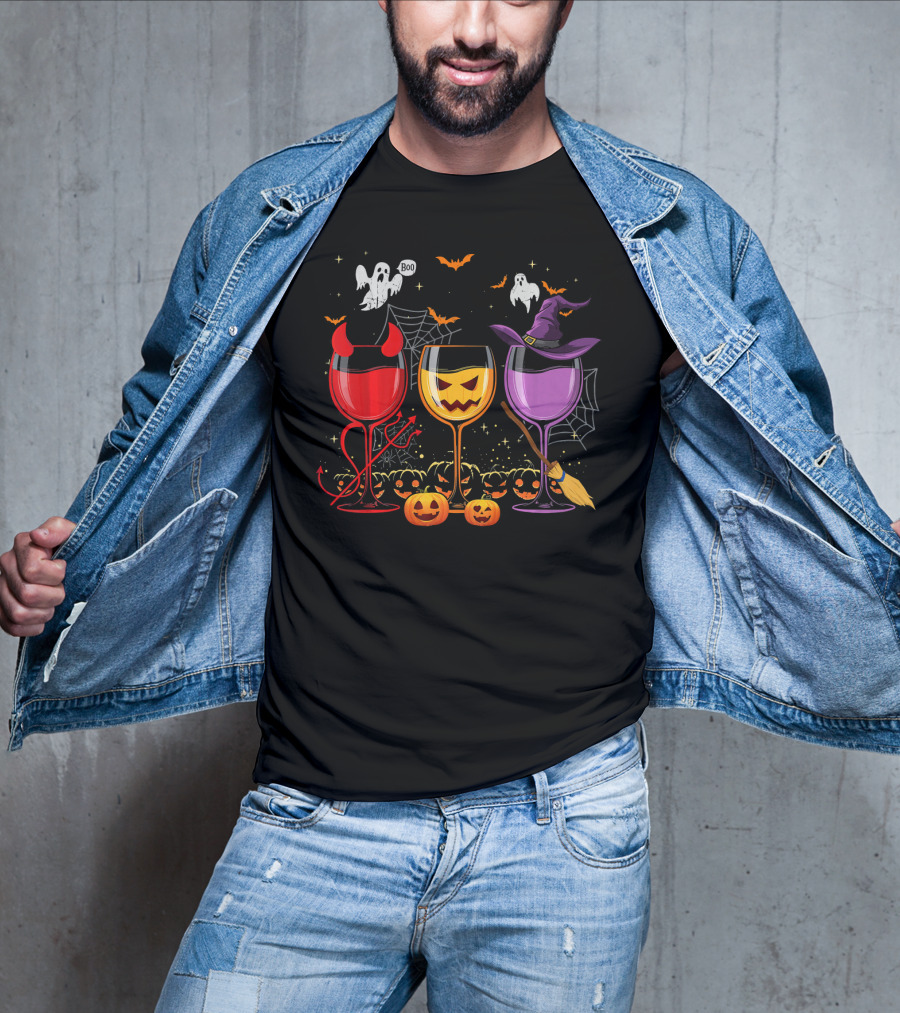 Three Glasses Of Wine Halloween Ghosts Pumpkins Bats Witches Devil T-Shirt