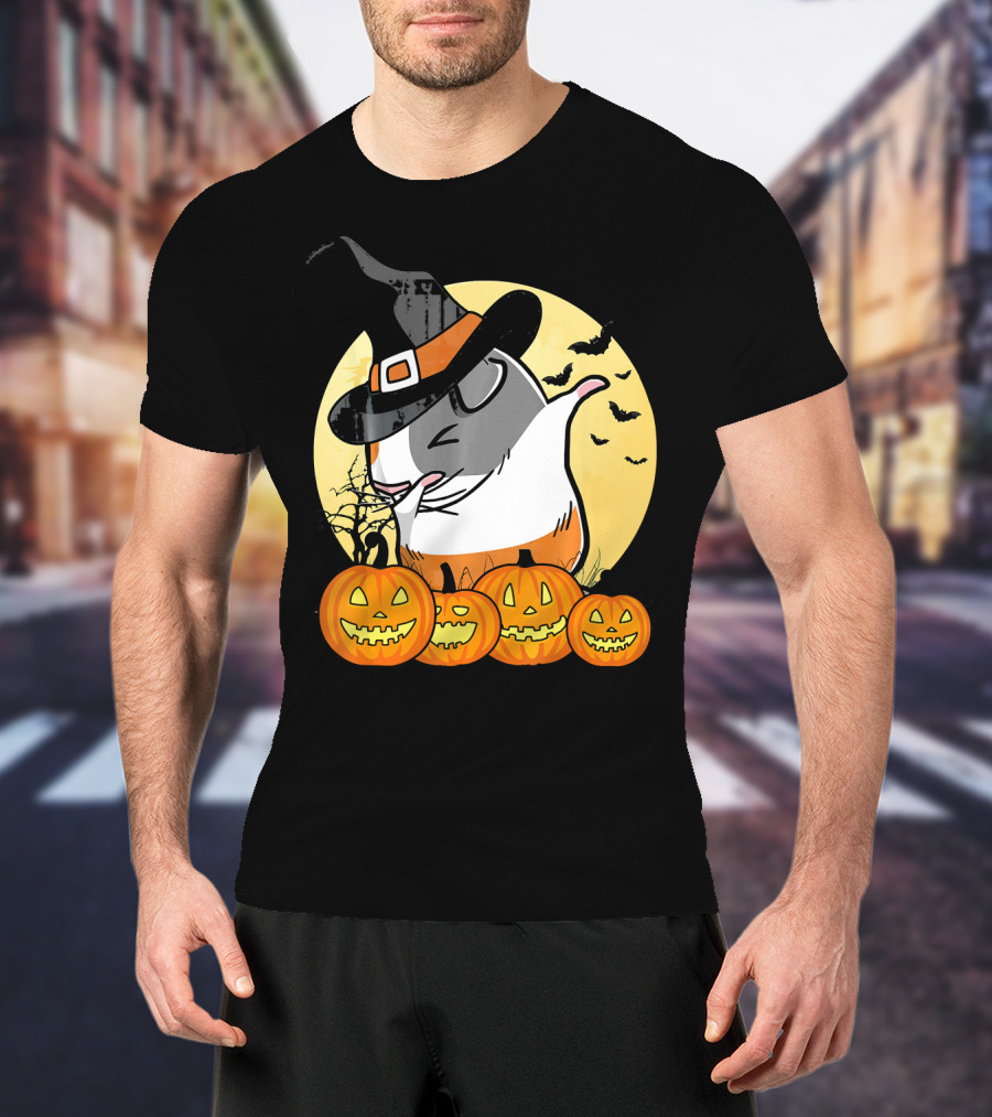 Witch Hat Dabbing Guinea Pig Halloween Pumpkins And Bats Moon Dance T-Shirt