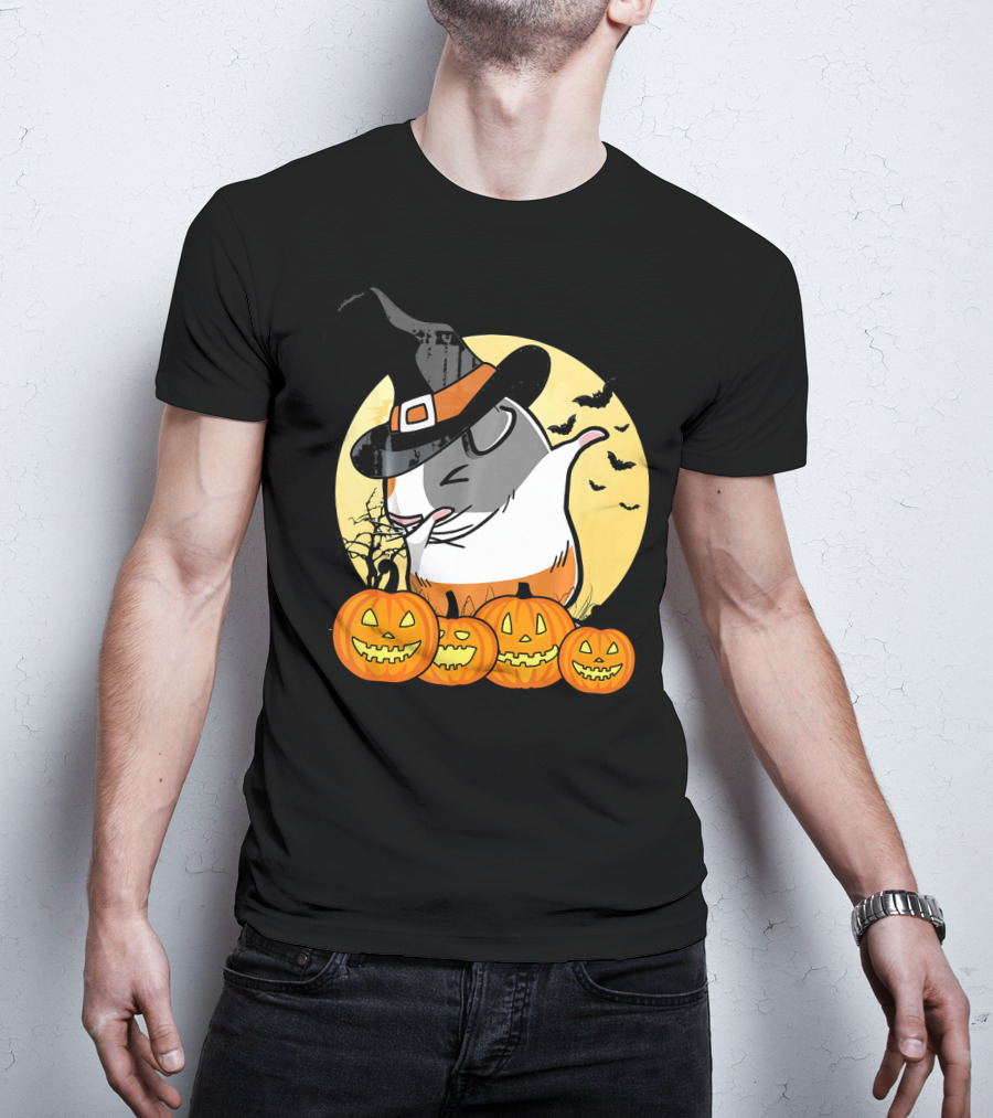 Witch Hat Dabbing Guinea Pig Halloween Pumpkins And Bats Moon Dance T-Shirt