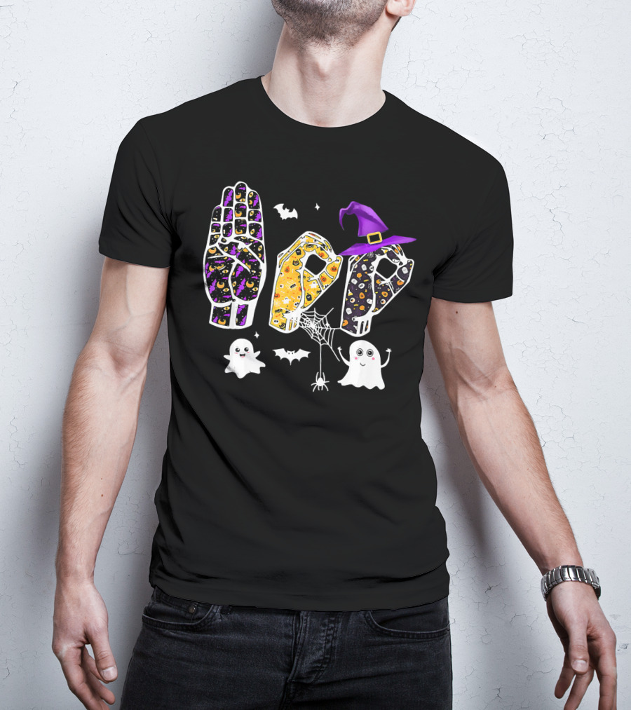Pride ASL Boo Halloween Costume Sign Language Ghosts Bats Spider Webs Hat T-Shirt