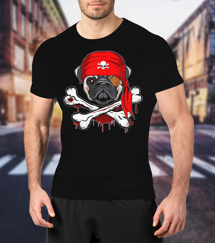 Funny Pirate Pug Dog With Skull Bandana And Crossbones T-Shirt