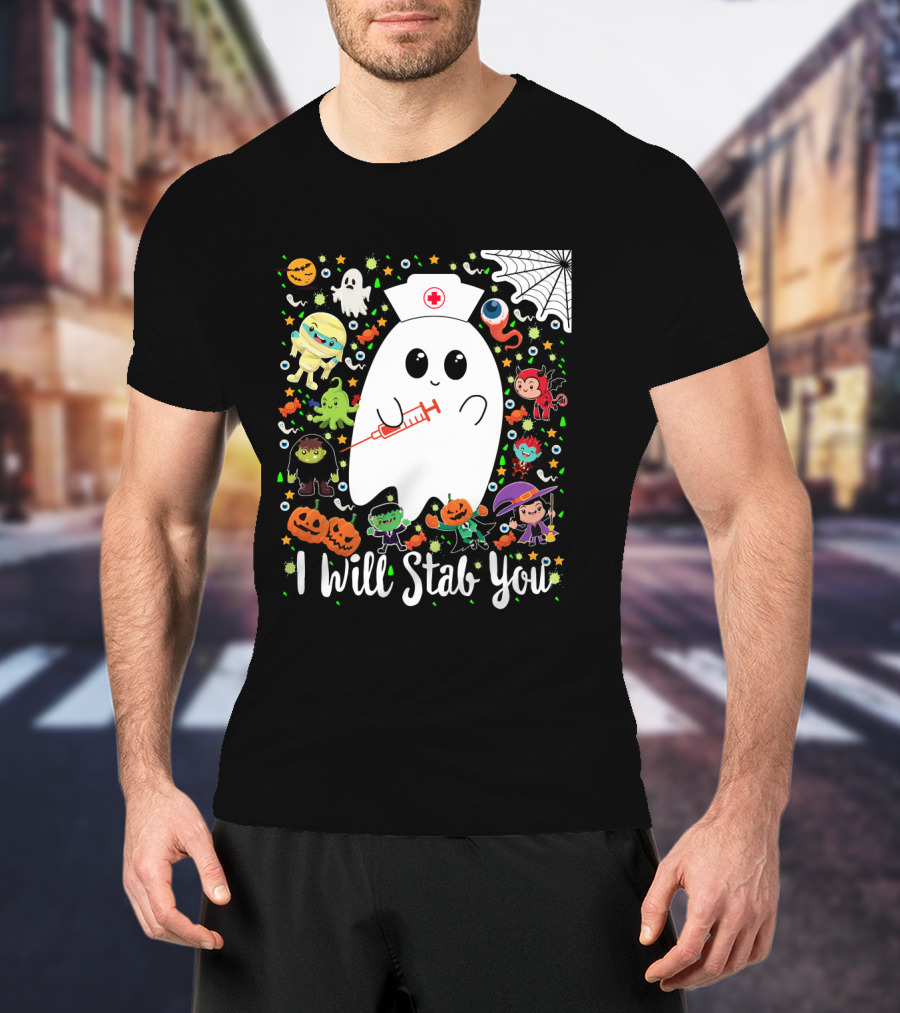 I Will Stab You Funny Halloween Ghost Nurse With Syringe Surrounded By Monsters Pumpkins And Web T-Shirt