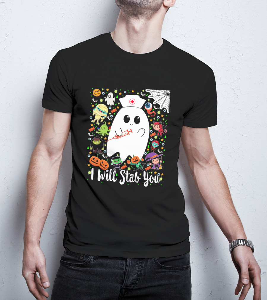 I Will Stab You Funny Halloween Ghost Nurse With Syringe Surrounded By Monsters Pumpkins And Web T-Shirt
