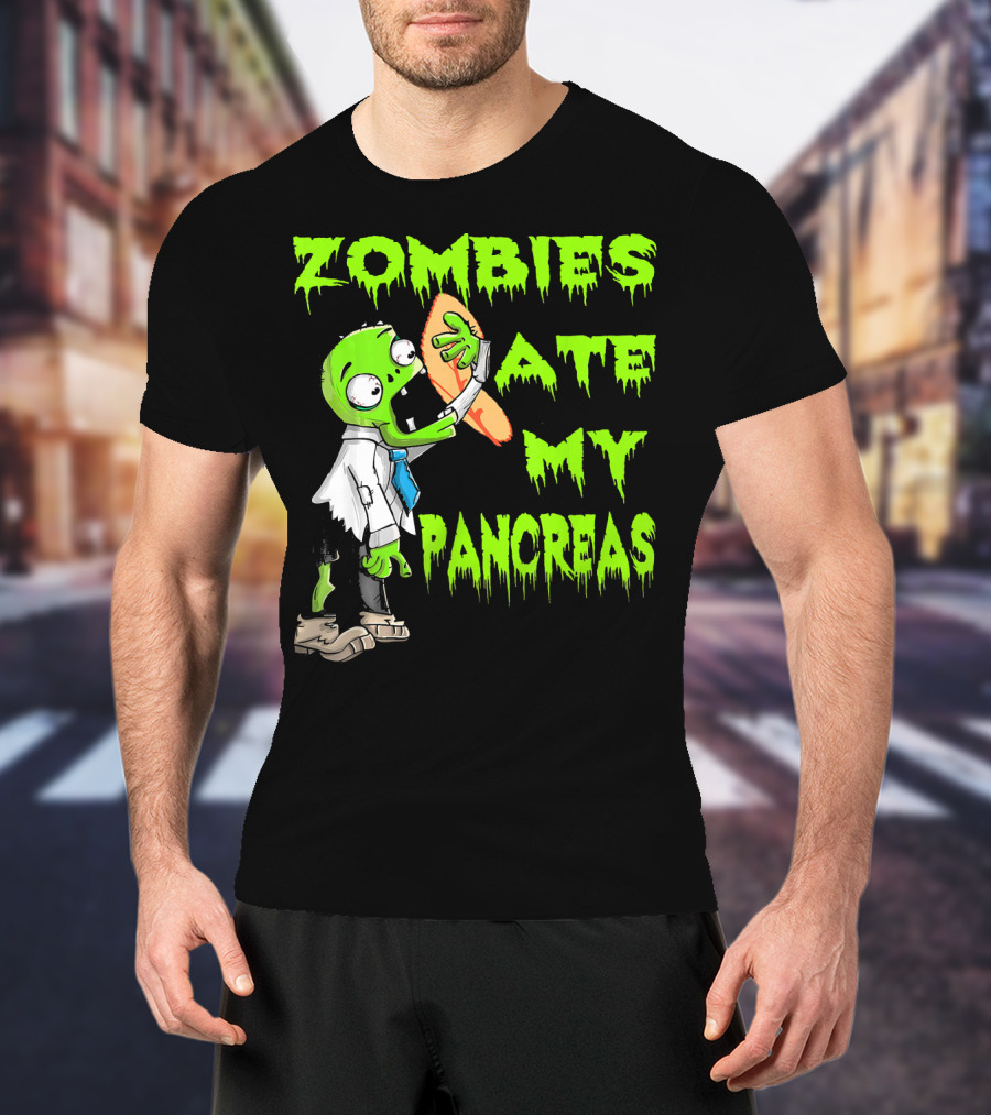 Zombies Ate My Pancreas Diabetes Awareness Cartoon Zombie Holding Organ T-Shirt