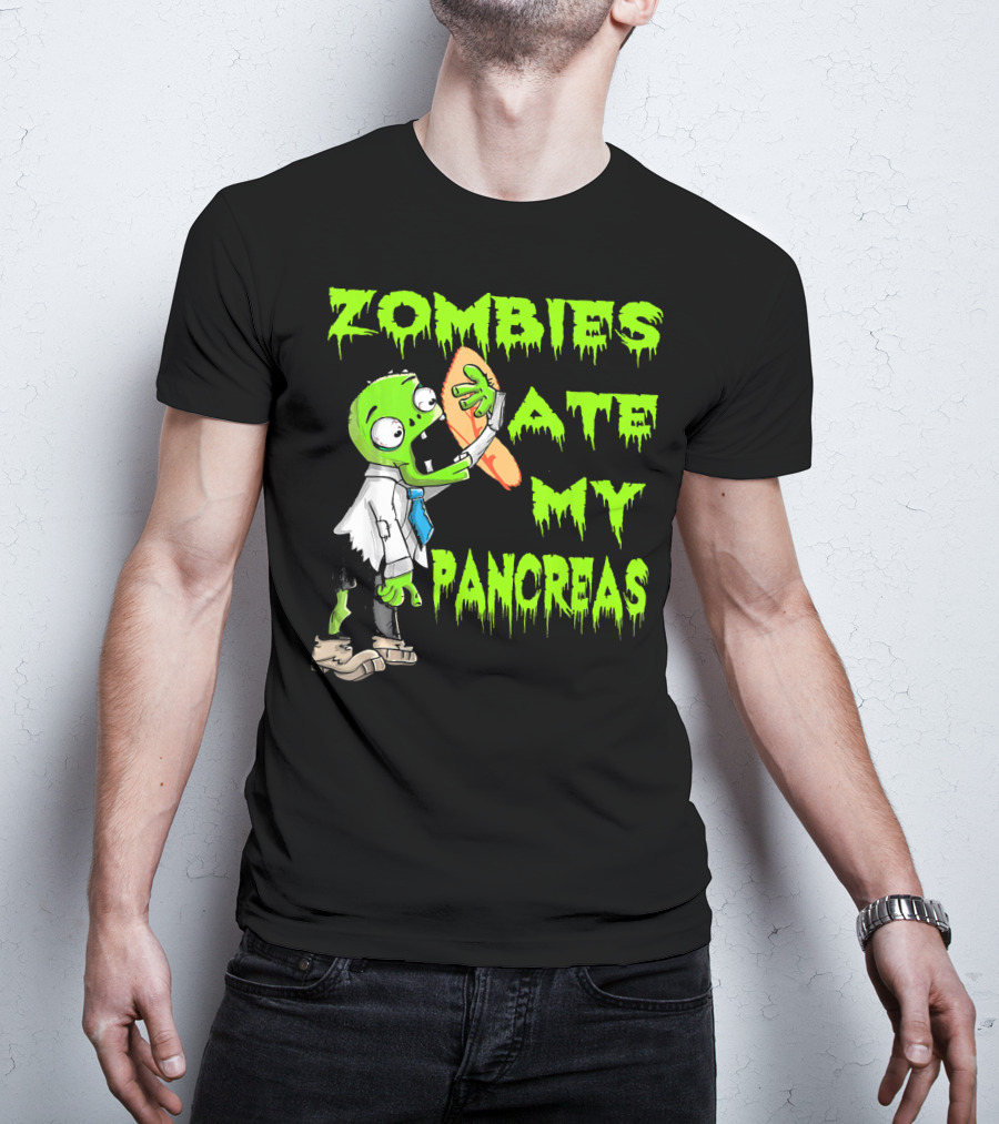Zombies Ate My Pancreas Diabetes Awareness Cartoon Zombie Holding Organ T-Shirt