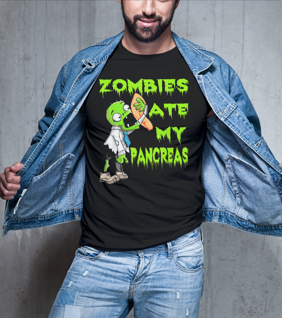 Zombies Ate My Pancreas Diabetes Awareness Cartoon Zombie Holding Organ T-Shirt