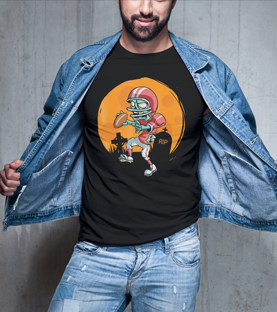 Zombie Football Player Halloween Graveyard Scene T-Shirt