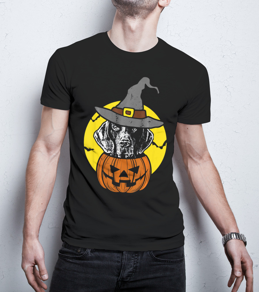 German Shorthaired Pointer Witch Hat Pumpkin Halloween Moon T-Shirt