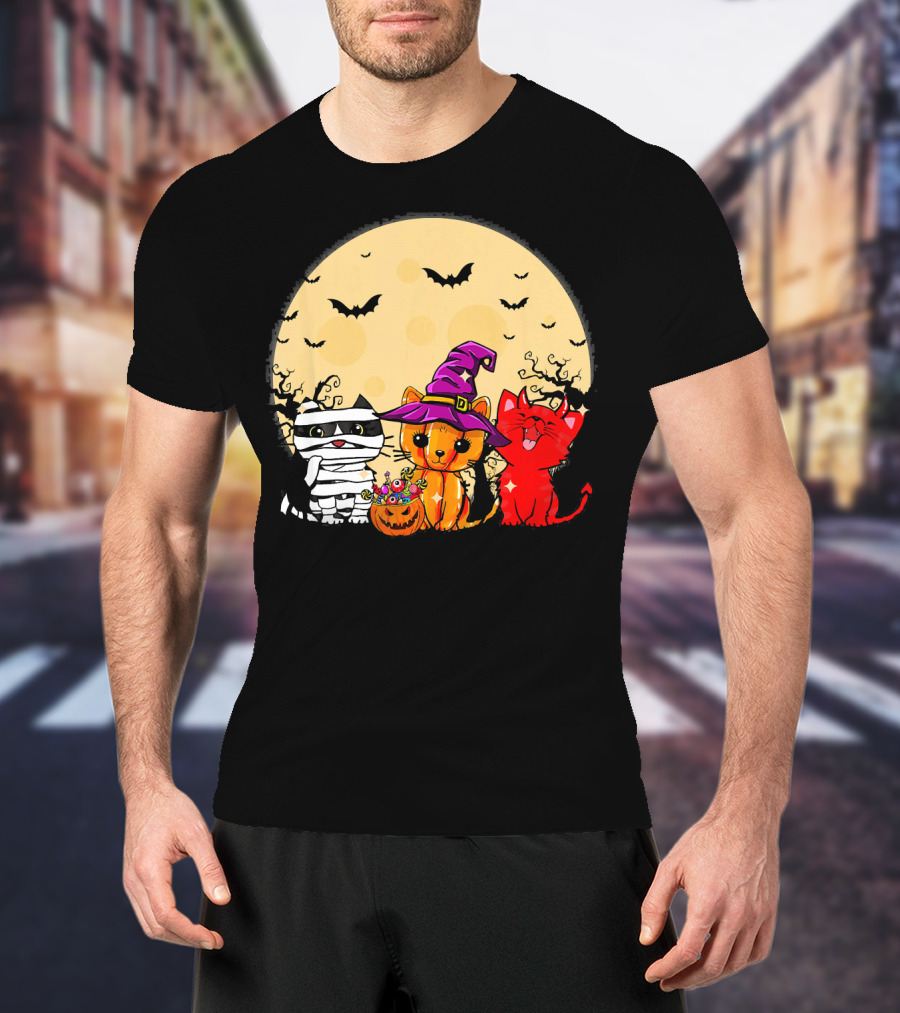 Three Cats Halloween Moon Bats Mummy Witch Devil T-Shirt
