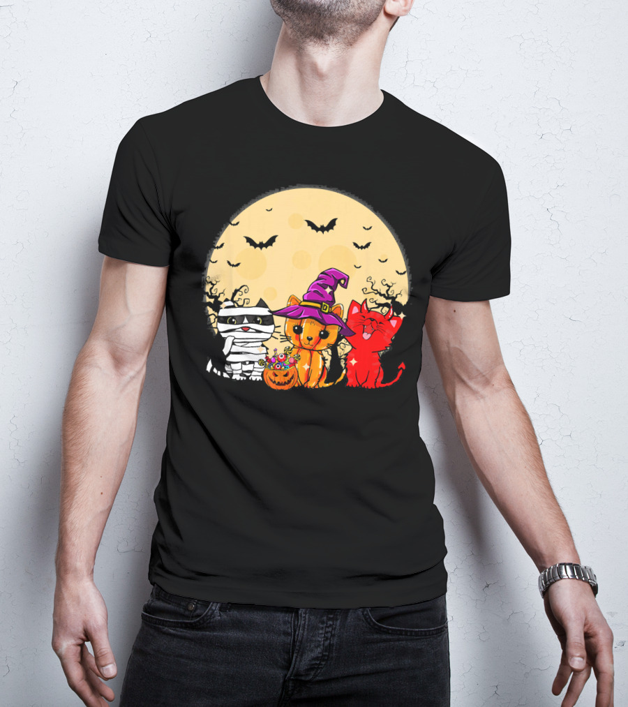 Three Cats Halloween Moon Bats Mummy Witch Devil T-Shirt