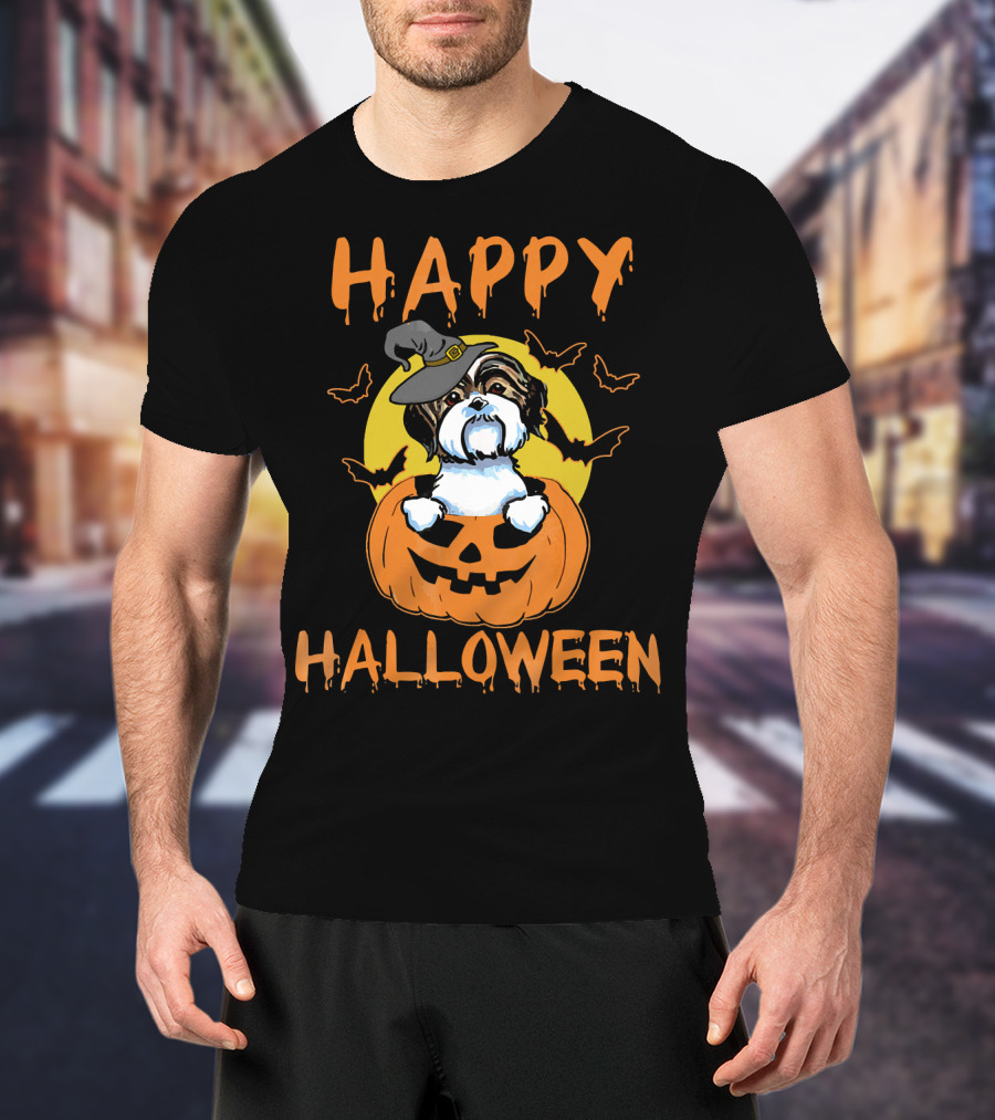 Happy Halloween Shih Tzu Pumpkin With Witch Hat And Bats T-Shirt