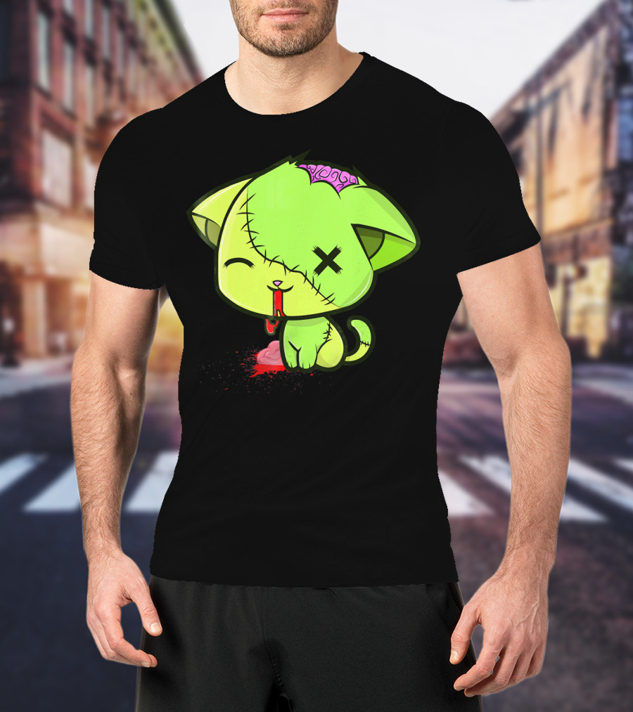 Cute Zombkitty Green Zombie Kitten Neon Brain T-Shirt