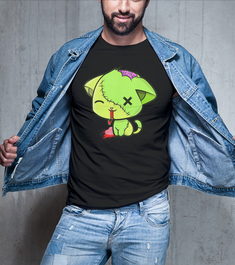 Cute Zombkitty Green Zombie Kitten Neon Brain T-Shirt