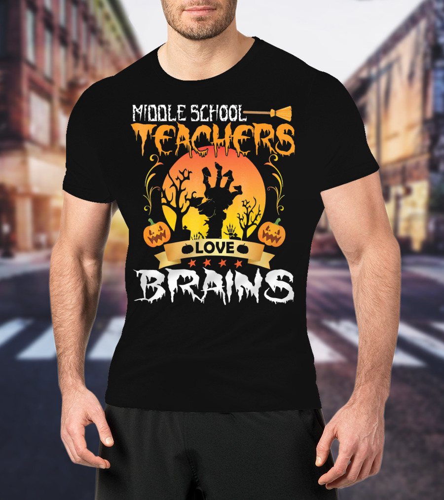 Middle School Teachers Love Brains Moon Tomb Pumpkin T-Shirt