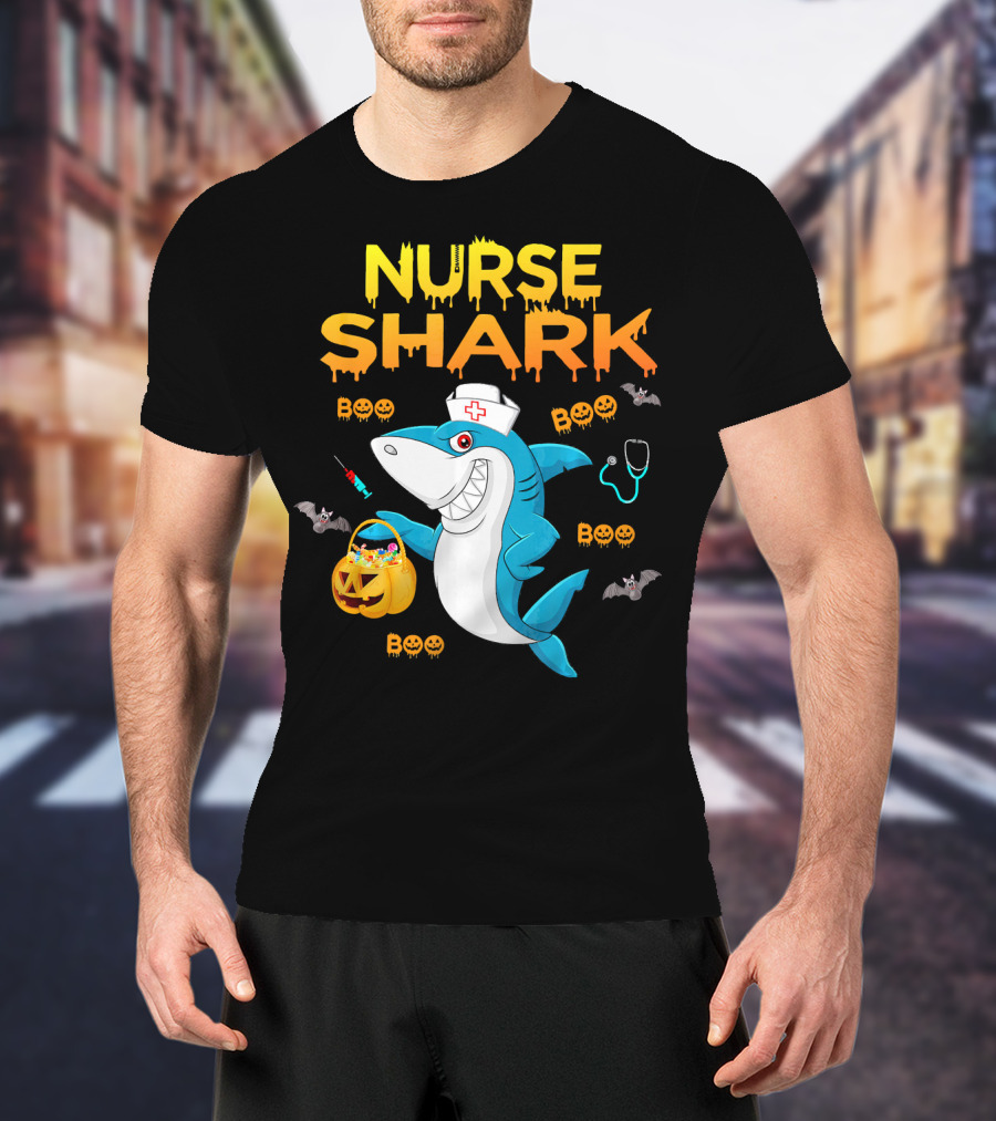 Nurse Shark Halloween Boo Pumpkin Bats Stethoscope T-Shirt