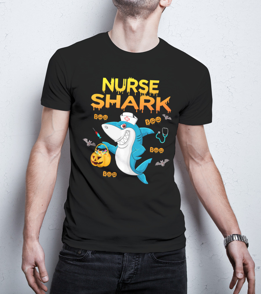 Nurse Shark Halloween Boo Pumpkin Bats Stethoscope T-Shirt