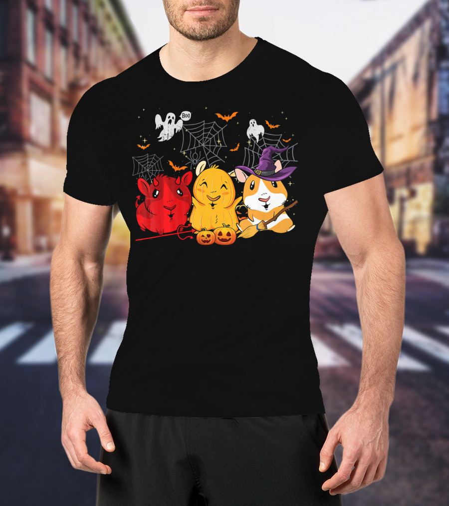 Halloween Funny Guinea Pigs In Costumes With Ghosts And Spiderwebs T-Shirt
