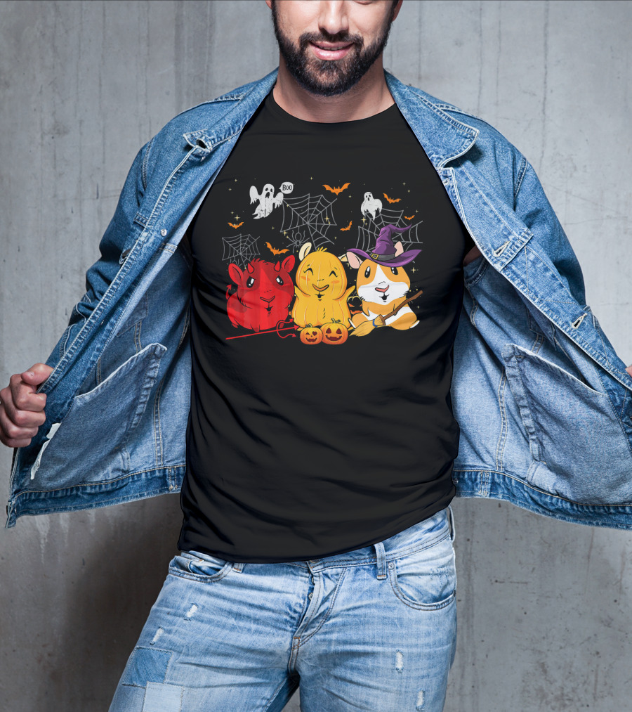 Halloween Funny Guinea Pigs In Costumes With Ghosts And Spiderwebs T-Shirt
