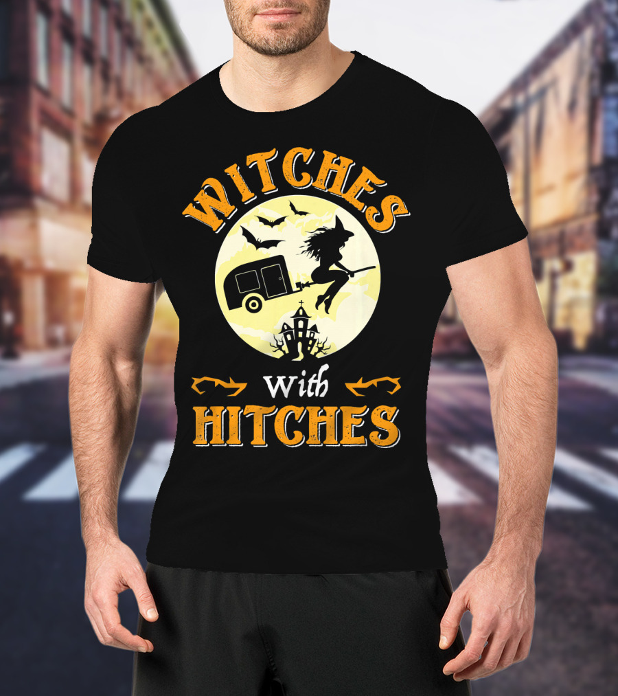 Witches With Hitches Halloween Camper Moon Bats And Witch Hat Broomstick T-Shirt