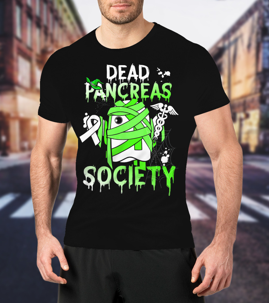 Dead Pancreas Society Halloween Ghost Design With Green Mummy And Medical Symbols T-Shirt