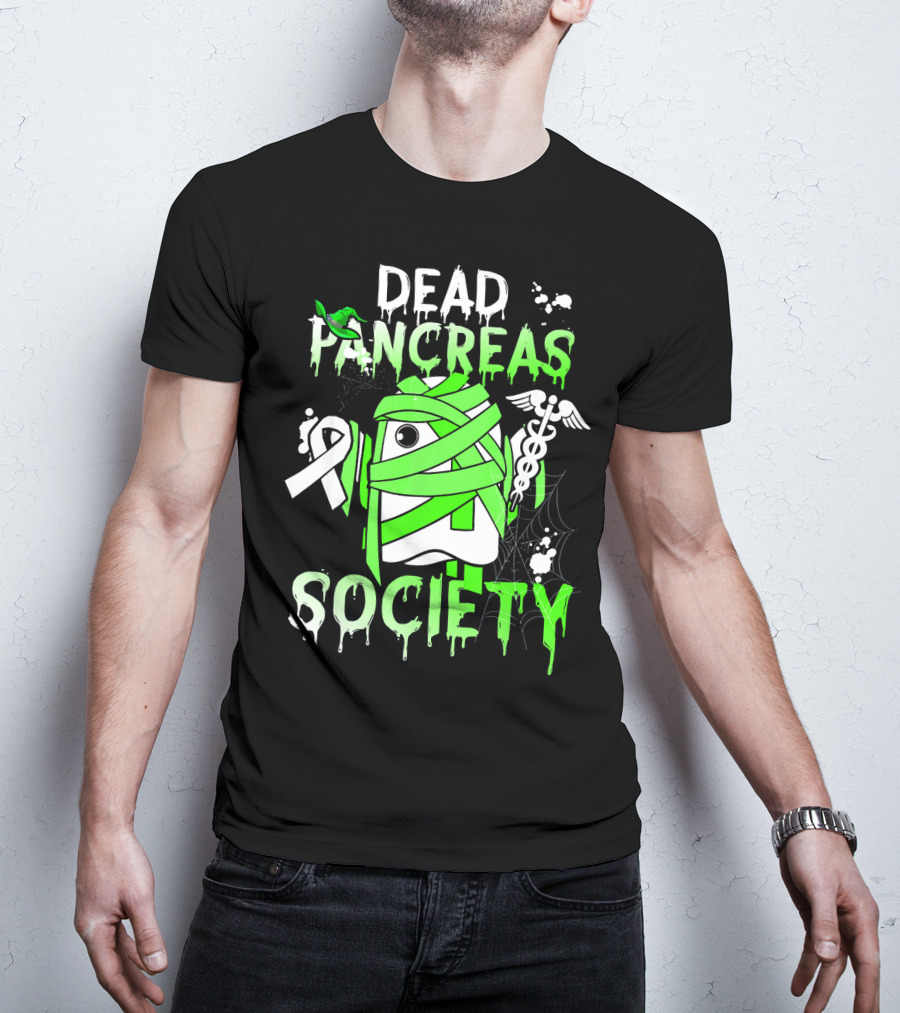 Dead Pancreas Society Halloween Ghost Design With Green Mummy And Medical Symbols T-Shirt