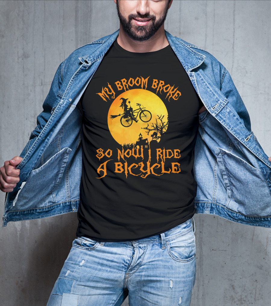 My Broom Broke So Now I Ride A Bicycle Witch Silhouette Full Moon Spooky Scene T-Shirt