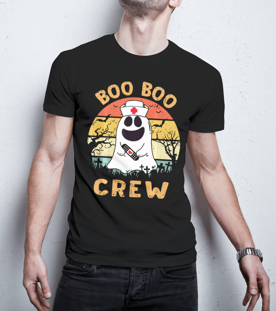 Vintage Halloween Boo Boo Crew Ghost Nurse With Bandage T-Shirt