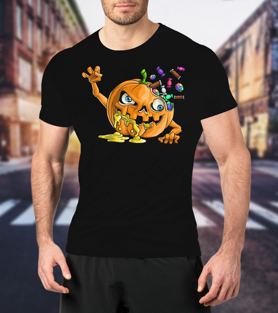 Zombie Pumpkin Funny Halloween Horror Scary Candy Explosion T-Shirt