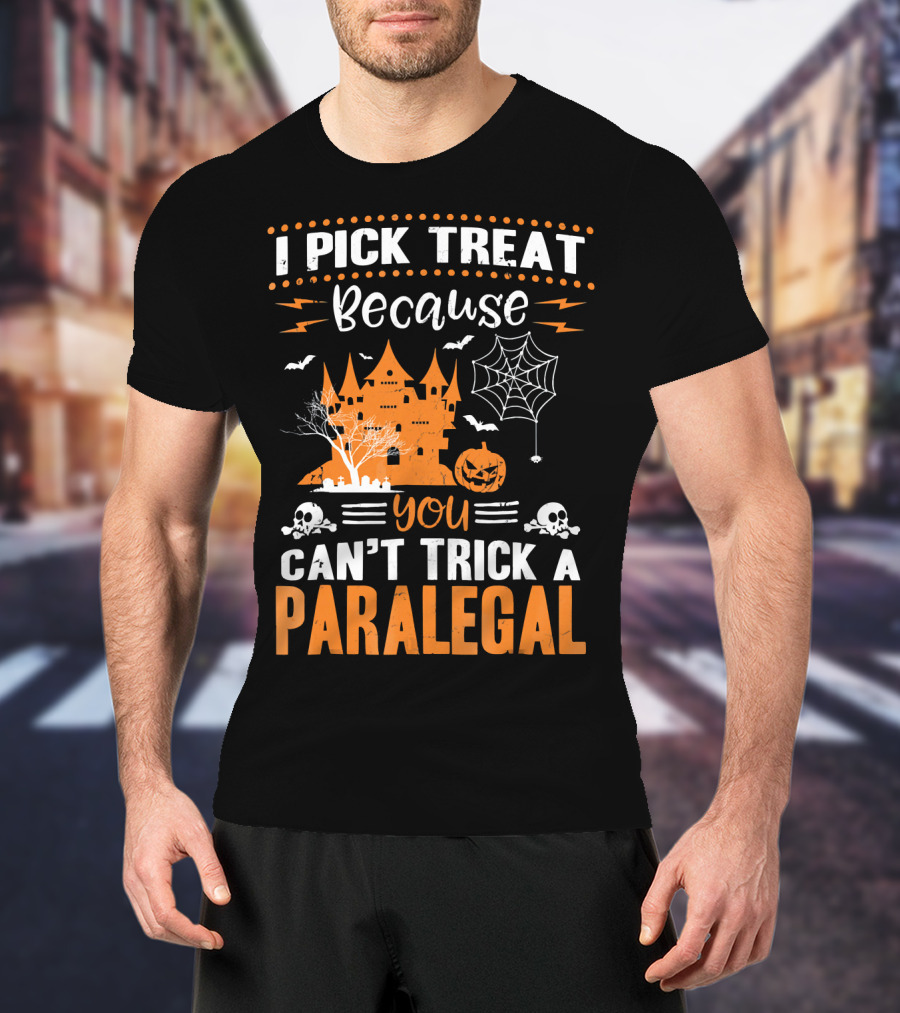 I Pick Treat Because You Can't Trick A Paralegal Halloween Castle Pumpkin Skulls T-Shirt