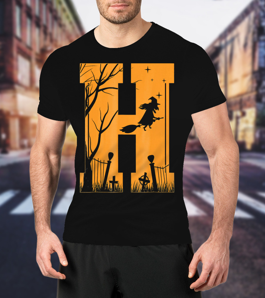Letter H Halloween Witch Graveyard Scene T-Shirt